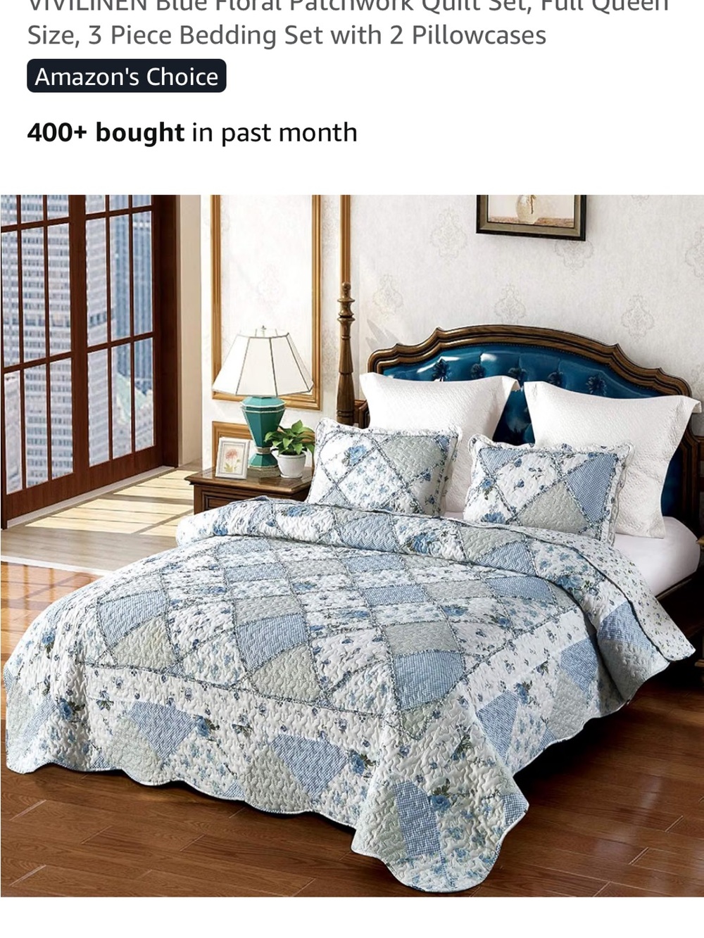 Blue Floral Patchwork Quilt Set - 3 Piece Bedding Set new unopened